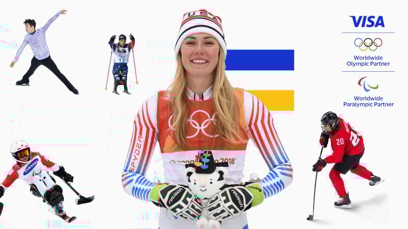 Team Visa Winter Olympians next to Visa, Olympics, and Paralympic logos.